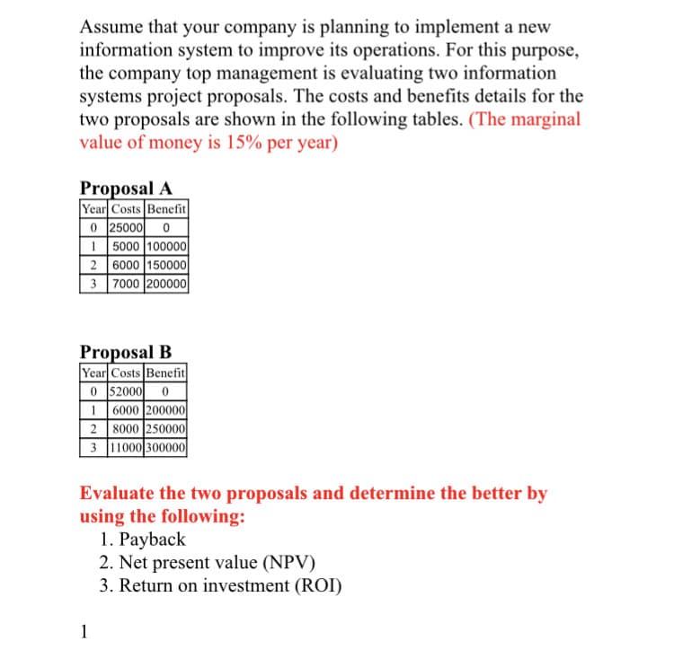 Assume that your company is planning to implement a new
information system to improve its operations. For this purpose,
the company top management is evaluating two information
systems project proposals. The costs and benefits details for the
two proposals are shown in the following tables. (The marginal
value of money is 15% per year)
Proposal A
Year Costs Benefit
0 25000 0
15000 100000
2 6000 150000
3 7000 200000
Proposal B
Year Costs Benefit
0 52000 0
16000 200000
2 8000 250000
3 11000 300000
Evaluate the two proposals and determine the better by
using the following:
1. Payback
1
2. Net present value (NPV)
3. Return on investment (ROI)
