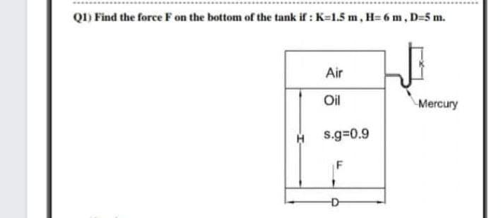 QI) Find the force Fon the bottom of the tank if : K=1.5 m, H= 6 m, D=5 m.
Air
Oil
Mercury
s.g=0.9
