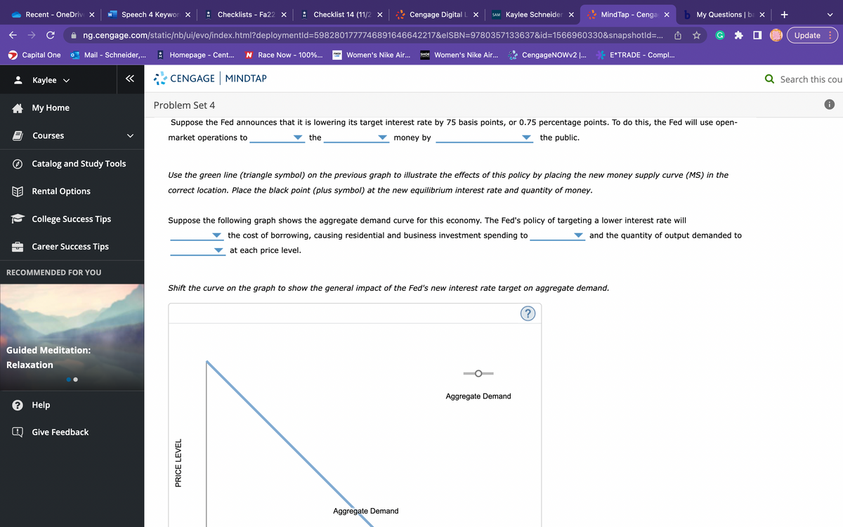 Recent - OneDrive X W Speech 4 Keyword X * Checklists - Fa22 X * Checklist 14 (11/2 X
ng.cengage.com/static/nb/ui/evo/index.html?deploymentId=5982801777746891646642217&eISBN=9780357133637&id=1566960330&snapshotId=...
Capital One
Kaylee ✓
!
My Home
Courses
Mail - Schneider,...
Catalog and Study Tools
Rental Options
College Success Tips
Career Success Tips
RECOMMENDED FOR YOU
Guided Meditation:
Relaxation
? Help
«
Give Feedback
Homepage - Cent... N Race Now - 100%...
CENGAGE MINDTAP
FINISH
LINE
Cengage Digital L X SAM Kaylee Schneider X
Women's Nike Air... SHOE Women's Nike Air...
PRICE LEVEL
CengageNOWv2 I...
Problem Set 4
Suppose the Fed announces that it is lowering its target interest rate by 75 basis points, or 0.75 percentage points. To do this, the Fed will use open-
market operations to
the
the public.
money by
Aggregate Demand
MindTap - Cenga X
Use the green line (triangle symbol) on the previous graph to illustrate the effects of this policy by placing the new money supply curve (MS) in the
correct location. Place the black point (plus symbol) at the new equilibrium interest rate and quantity of money.
Suppose the following graph shows the aggregate demand curve for this economy. The Fed's policy of targeting a lower interest rate will
the cost of borrowing, causing residential and business investment spending to
at each price level.
Shift the curve on the graph to show the general impact of the Fed's new interest rate target on aggregate demand.
Aggregate Demand
E*TRADE - Compl...
b My Questions | ba x
(?)
and the quantity of output demanded to
Update:
Q Search this cou