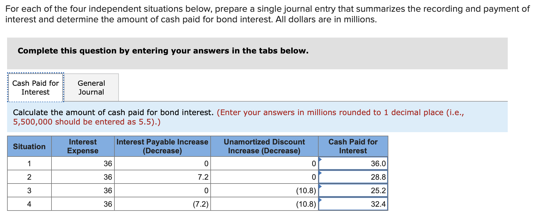 For each of the four independent situations below, prepare a single journal entry that summarizes the recording and payment of
interest and determine the amount of cash paid for bond interest. All dollars are in millions.
Complete this question by entering your answers in the tabs below.
Cash Paid for
General
Interest
Journal
Calculate the amount of cash paid for bond interest. (Enter your answers in millions rounded to 1 decimal place (i.e.,
5,500,000 should be entered as 5.5).)
Interest
Interest Payable Increase
(Decrease)
Unamortized Discount
Cash Paid for
Situation
Expense
Increase (Decrease)
Interest
1
36
36.0
36
7.2
28.8
3
36
(10.8)
25.2
4
36
(7.2)
(10.8)
32.4
