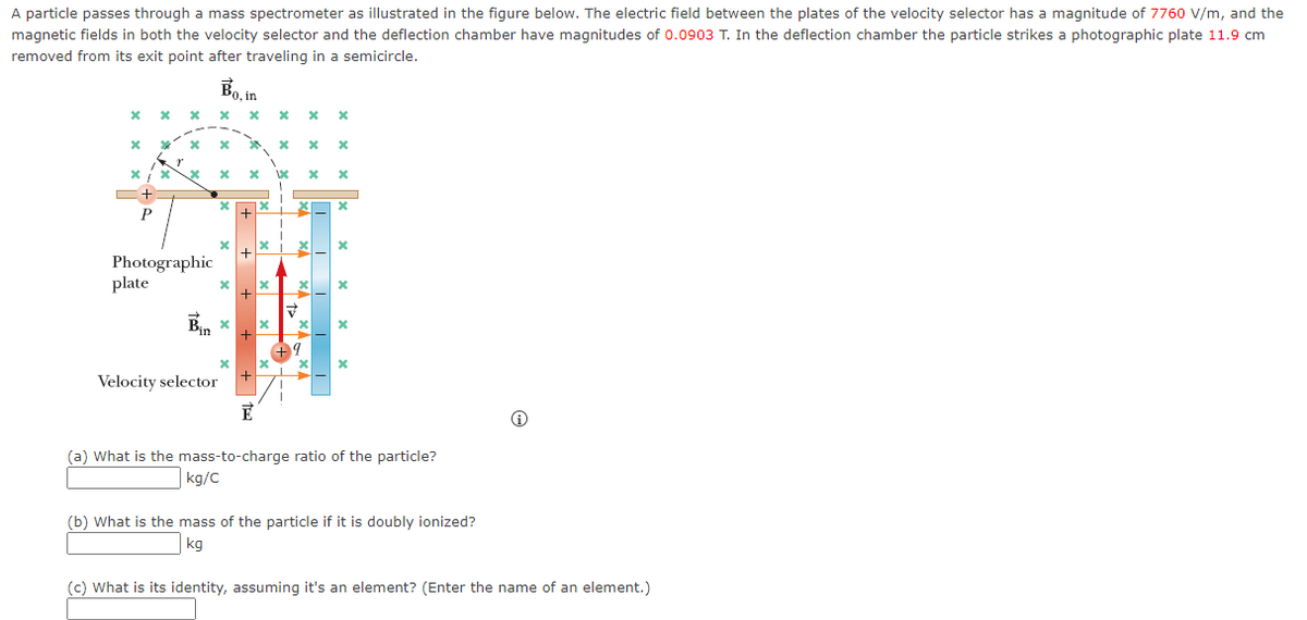A particle passes through a mass spectrometer as illustrated in the figure below. The electric field between the plates of the velocity selector has a magnitude of 7760 V/m, and the
magnetic fields in both the velocity selector and the deflection chamber have magnitudes of 0.0903 T. In the deflection chamber the particle strikes a photographic plate 11.9 cm
removed from its exit point after traveling in a semicircle.
, in
C+
P
+
Photographic
plate
Bin x
Velocity selector
(a) What is the mass-to-charge ratio of the particle?
kg/C
(b) What is the mass of the particle if it is doubly ionized?
kg
(c) What is its identity, assuming it's an element? (Enter the name of an element.)
