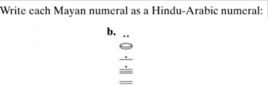 Write each Mayan numeral as a Hindu-Arabic numeral:
b.
0 | |
