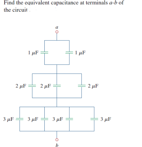 Find the equivalent capacitance at terminals a-b of
the circuit
1 μF
1 μF
2 μF
2 µF
2 μF
3 μF
3 μF
3 μF
3 μF
