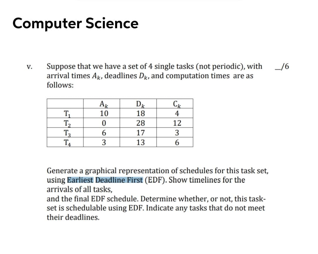 Computer Science
Suppose that we have a set of 4 single tasks (not periodic), with
arrival times Ak, deadlines Dk, and computation times are as
follows:
V.
-16
AK
10
C
DR
18
T1
T2
T3
T4
4
28
12
6.
17
3
3
13
Generate a graphical representation of schedules for this task set,
using Earliest Deadline First (EDF). Show timelines for the
arrivals of all tasks,
and the final EDF schedule. Determine whether, or not, this task-
set is schedulable using EDF. Indicate any tasks that do not meet
their deadlines.
