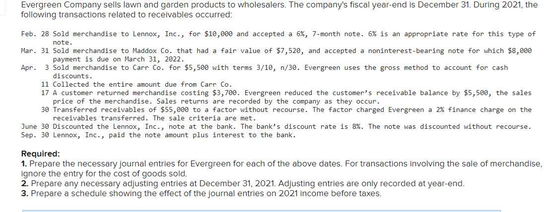 Evergreen Company sells lawn and garden products to wholesalers. The company's fiscal year-end is December 31. During 2021, the
following transactions related to receivables occurred:
Feb. 28 Sold merchandise to Lennox, Inc., for $10,000 and accepted a 6%, 7-month note. 6% is an appropriate rate for this type of
note.
Mar. 31 Sold merchandise to Maddox Co. that had a fair value of $7,520, and accepted a noninterest-bearing note for which $8,000
payment is due on March 31, 2022.
Apr. 3 Sold merchandise to Carr Co. for $5,500 with terms 3/10, n/30. Evergreen uses the gross method to account for cash
discounts.
11 Collected the entire amount due from Carr Co.
17 A customer returned merchandise costing $3,700. Evergreen reduced the customer's receivable balance by $5,500, the sales
price of the merchandise. Sales returns are recorded by the company as they occur.
30 Transferred receivables of $55,000 to a factor without recourse. The factor charged Evergreen a 2% finance charge on the
receivables transferred. The sale criteria are met.
June 30 Discounted the Lennox, Inc., note at the bank. The bank's discount rate is 8%. The note was discounted without recourse.
Sep. 30 Lennox, Inc., paid the note amount plus interest to the bank.
Required:
1. Prepare the necessary journal entries for Evergreen for each of the above dates. For transactions involving the sale of merchandise,
ignore the entry for the cost of goods sold.
2. Prepare any necessary adjusting entries at December 31, 2021. Adjusting entries are only recorded at year-end.
3. Prepare a schedule showing the effect of the journal entries on 2021 income before taxes.
