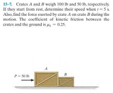 15-7. Crates A and B weigh 100 lb and 50 lb, respectively.
If they start from rest, determine their speed when t = 5 s.
Also, find the force exerted by crate A on crate B during the
motion. The coefficient of kinetic friction between the
crates and the ground is µ = 0.25.
A
P = 50 lb
