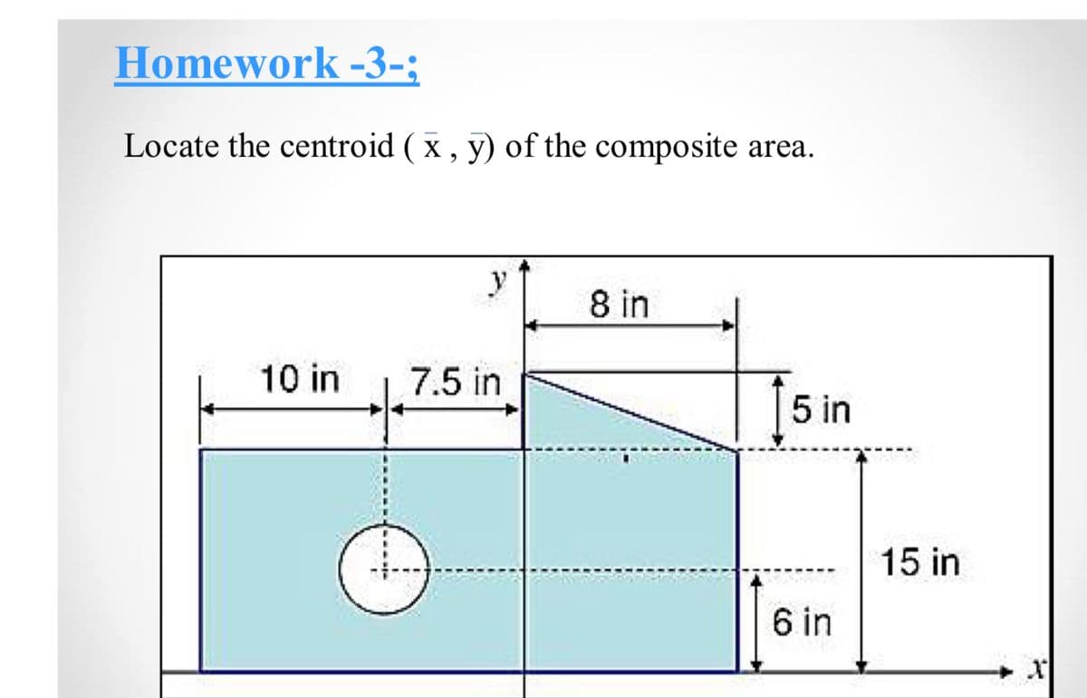 Homework -3-;
Locate the centroid (x, y) of the composite area.
10 in
7.5 in
C
8 in
5 in
15 in
6 in