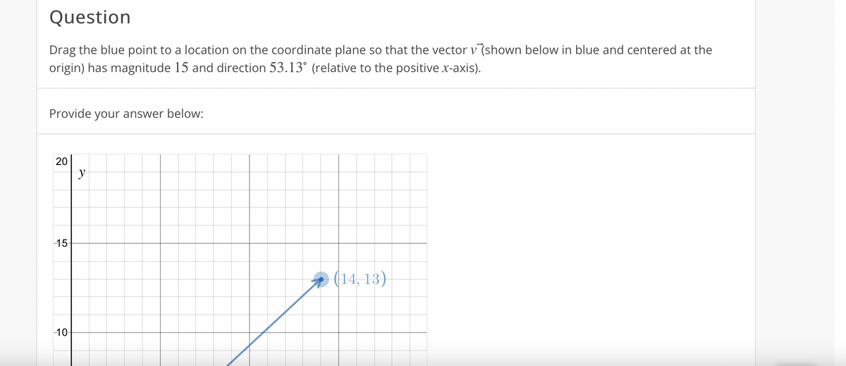 Question
Drag the blue point to a location on the coordinate plane so that the vector v (shown below in blue and centered at the
origin) has magnitude 15 and direction 53.13° (relative to the positive x-axis).
Provide your answer below:
y
15
(14, 13)
10-
20
