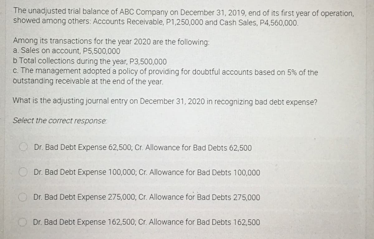 The unadjusted trial balance of ABC Company on December 31, 2019, end of its first year of operation,
showed among others: Accounts Receivable, P1,250,000 and Cash Sales, P4,560,000.
Among its transactions for the year 2020 are the following:
a. Sales on account, P5,500,000
b Total collections during the year, P3,500,000
c. The management adopted a policy of providing for doubtful accounts based on 5% of the
outstanding receivable at the end of the year.
What is the adjusting journal entry on December 31, 2020 in recognizing bad debt expense?
Select the correct response:
Dr. Bad Debt Expense 62,500; Cr. Allowance for Bad Debts 62,500
Dr. Bad Debt Expense 100,000; Cr. Allowance for Bad Debts 100,000
Dr. Bad Debt Expense 275,000; Cr. Allowance for Bad Debts 275,000
Dr. Bad Debt Expense 162,500; Cr. Allowance for Bad Debts 162,500