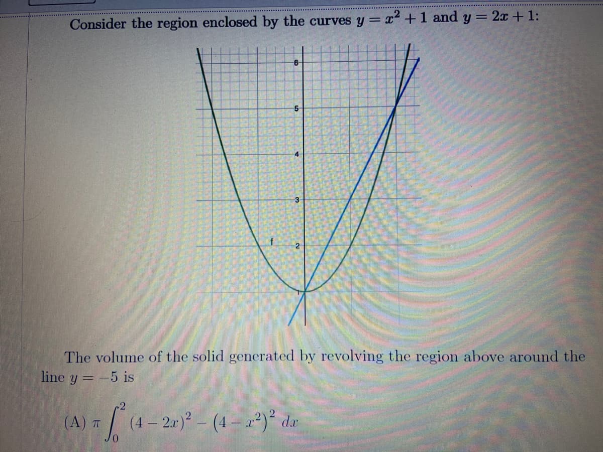 Consider the region enclosed by the curves y = x2 +1 and y = 2x + 1:
5
4
The volume of the solid generated by revolving the region above around the
line y =-5 is
(A) T
(1-2x)2 - (1-교2) dr
