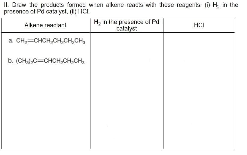 II. Draw the products formed when alkene reacts with these reagents: (i) H, in the
presence of Pd catalyst, (ii) HCI.
H, in the presence of Pd
catalyst
Alkene reactant
HCI
a. CH2=CHCH,CH¿CH,CH3
b. (CH3)2C=CHCH,CH,CH3
