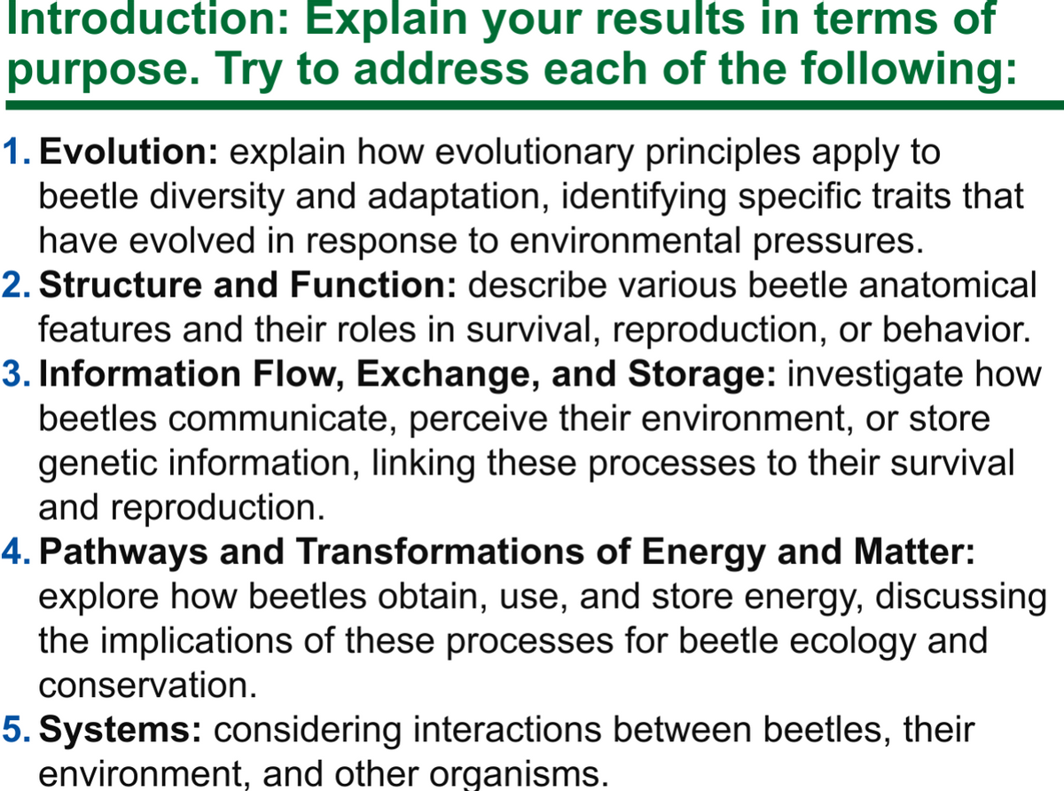 Introduction: Explain your results in terms of
purpose. Try to address each of the following:
1. Evolution: explain how evolutionary principles apply to
beetle diversity and adaptation, identifying specific traits that
have evolved in response to environmental pressures.
2. Structure and Function: describe various beetle anatomical
features and their roles in survival, reproduction, or behavior.
3. Information Flow, Exchange, and Storage: investigate how
beetles communicate, perceive their environment, or store
genetic information, linking these processes to their survival
and reproduction.
4. Pathways and Transformations of Energy and Matter:
explore how beetles obtain, use, and store energy, discussing
the implications of these processes for beetle ecology and
conservation.
5. Systems: considering interactions between beetles, their
environment, and other organisms.