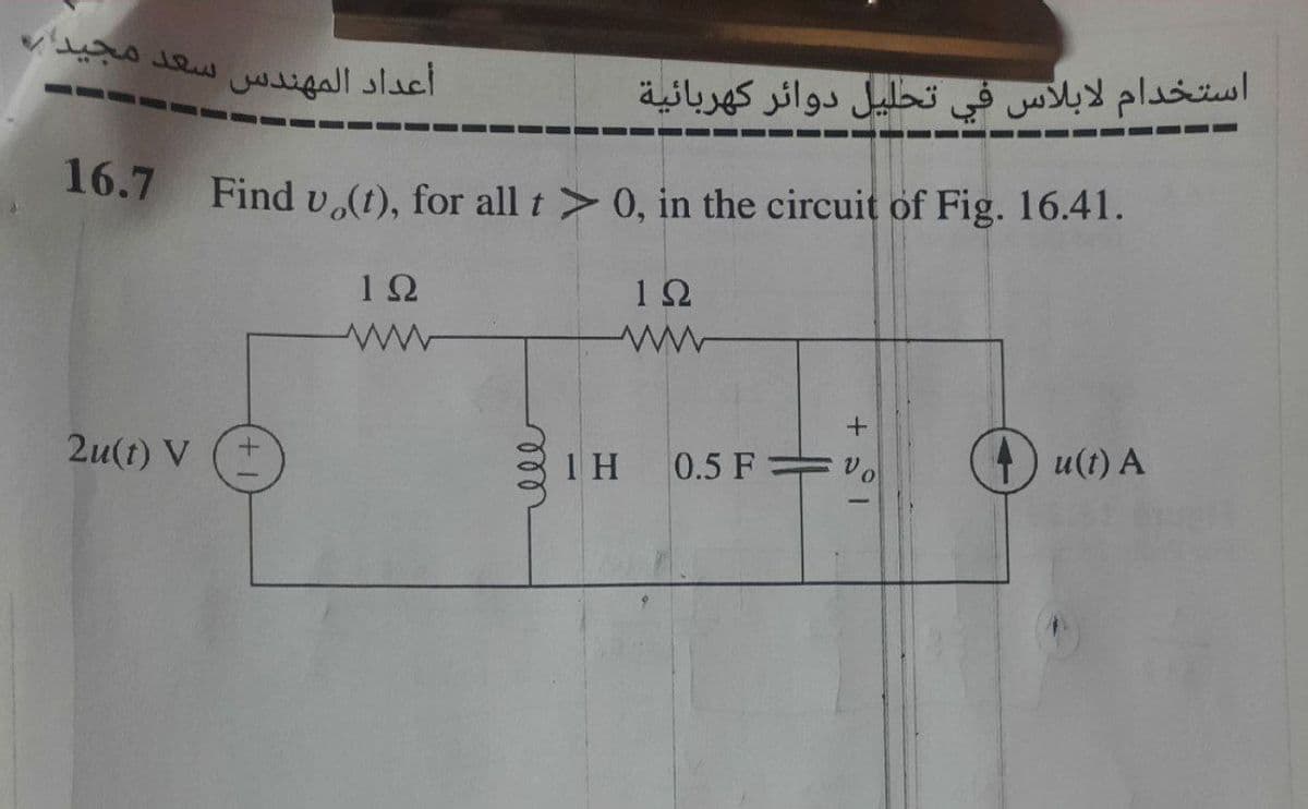 سعد مجيد /
أعداد المهندس
2u(t) V
16.7 Find v,(t), for all t > 0, in the circuit of Fig. 16.41.
12
12
ell
استخدام لابلاس في تحليل دوائر كهربائية
TH
0.5 F
||
u(t) A