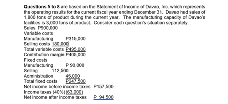 Questions 5 to 8 are based on the Statement of Income of Davao, Inc. which represents
the operating results for the current fiscal year ending December 31. Davao had sales of
1,800 tons of product during the current year. The manufacturing capacity of Davao's
facilities is 3,000 tons of product. Consider each question's situation separately.
Sales P900,000
Variable costs
Manufacturing
Selling costs 180,000
Total variable costs P495.000
Contribution margin P405,000
Fixed costs
Manufacturing
Selling
Administration
Total fixed costs
Net income before income taxes P157,500
Income taxes (40%)(63.000)
Net income after income taxes
P315,000
P 90,000
112,500
45,000
P247,500
P 94,500
