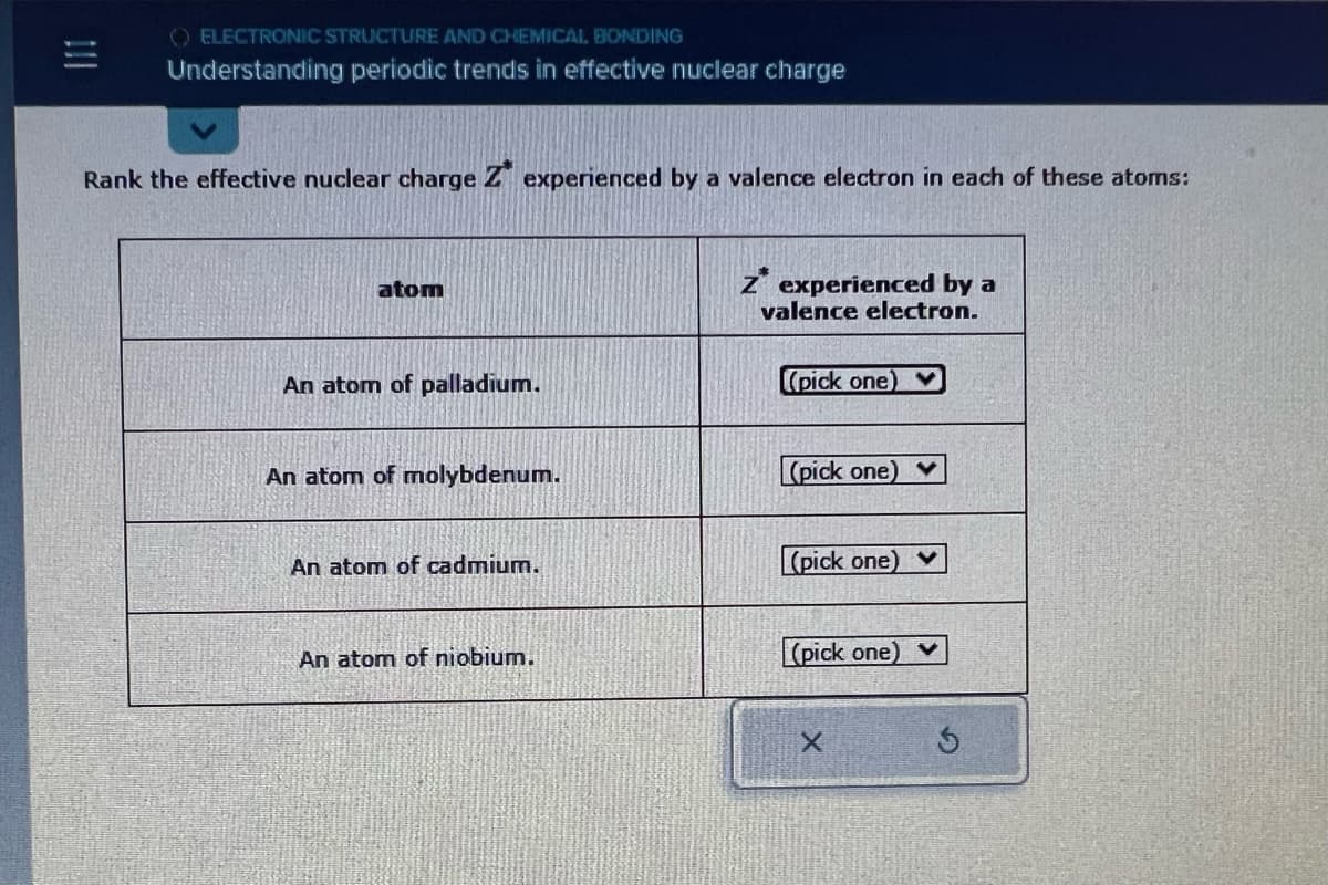 (ELECTRONIC STRUCTURE AND CHEMICAL BONDING
Understanding periodic trends in effective nuclear charge
Rank the effective nuclear charge Z experienced by a valence electron in each of these atoms:
atom
An atom of palladium.
An atom of molybdenum.
An atom of cadmium.
An atom of niobium.
z experienced by a
valence electron.
(pick one)
(pick one)
(pick one) ✓
(pick one)
X
Ś