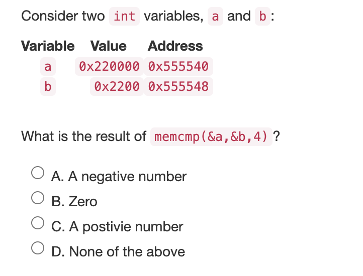 Consider two int variables, a and b:
Variable Value Address
a 0x220000 0x555540
0x2200 0x555548
b
What is the result of memcmp (&a,&b, 4) ?
O A. A negative number
B. Zero
C. A postivie number
D. None of the above