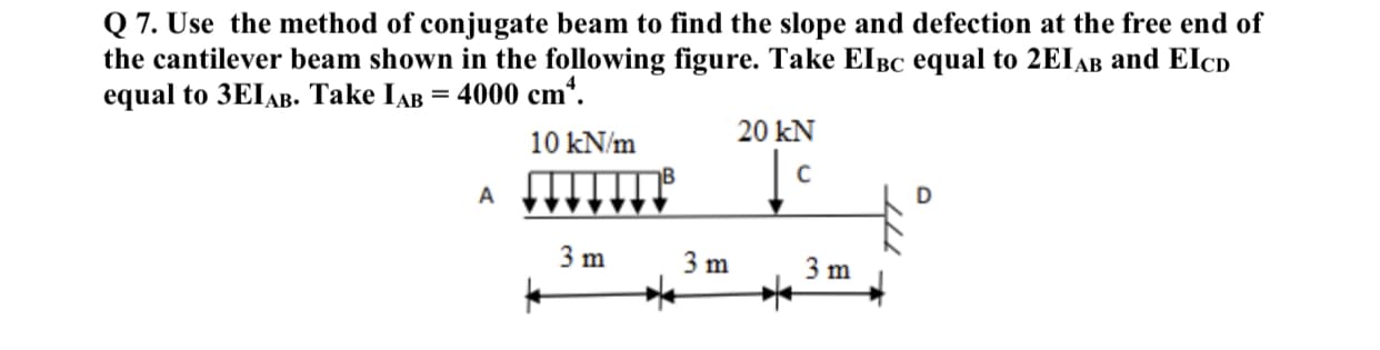 Q 7. Use the method of conjugate beam to find the slope and defection at the free end of
the cantilever beam shown in the following figure. Take ElBc equal to 2EIAB and EICD
equal to 3EIAB. Take IAB = 4000 cm“.
20 kN
10 kN/m
D
3 m
3 m
3 m
