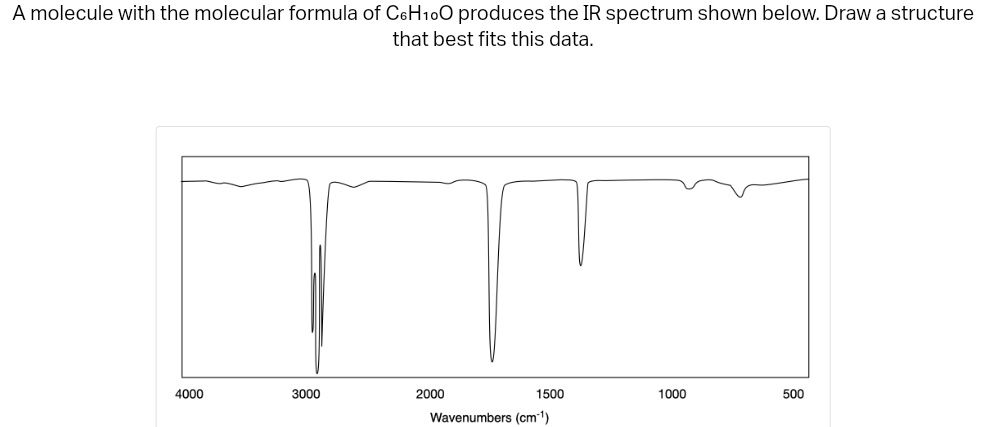 A molecule with the molecular formula of C6H100 produces the IR spectrum shown below. Draw a structure
that best fits this data.
4000
3000
2000
1500
Wavenumbers (cm-1)
1000
500