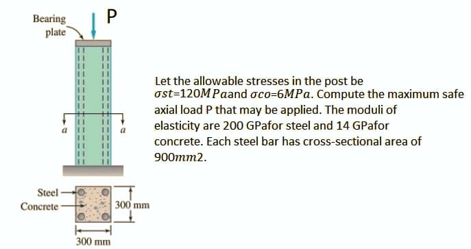 Bearing
P
plate
Let the allowable stresses in the post be
ost=120MPaand oco=6MPA. Compute the maximum safe
axial load P that may be applied. The moduli of
elasticity are 200 GPafor steel and 14 GPafor
a
concrete. Each steel bar has cross-sectional area of
900mm2.
Steel -
Concrete -
300 mm
300 mm
