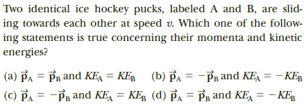 Two identical ice hockey pucks, labeled A and B, are slid-
ing towards each other at speed v. Which one of the follow-
ing statements is true concerning their momenta and kinetic
energies?
(a) PA = PB and KEA = KER (b) PA = -Pg and KEA = – KE
(c) PA = -PB and KE, = KER (d) PA = Pg and KE, = – KER
