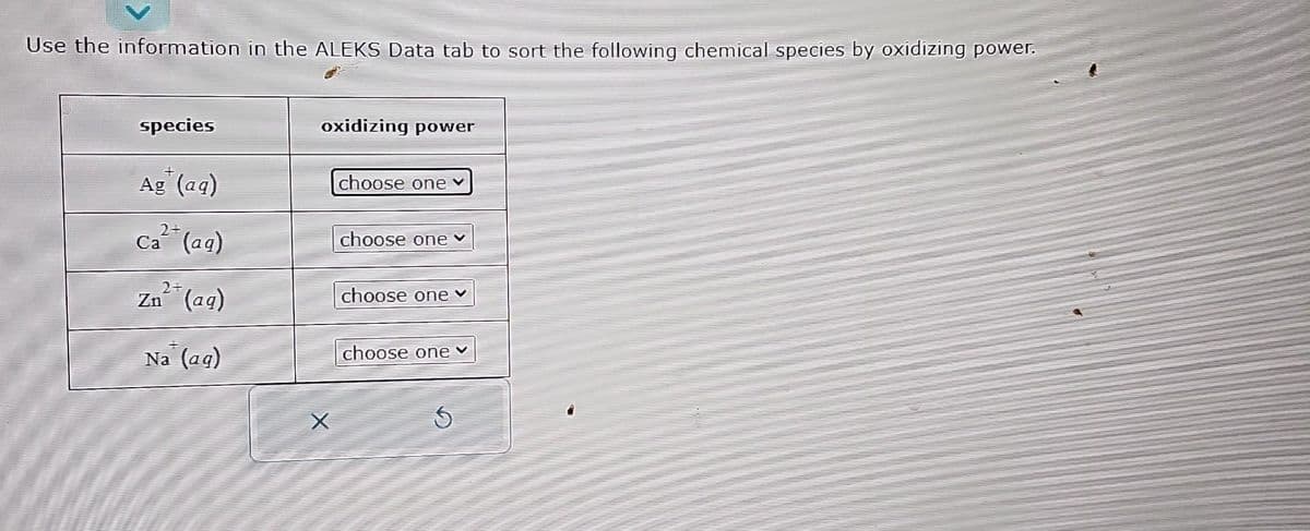Use the information in the ALEKS Data tab to sort the following chemical species by oxidizing power.
species
Ag (ag)
2+
Ca (ag)
2+
Zn² (aq)
Na (aq)
oxidizing power
choose one
choose one ♥
choose one
choose one ✓