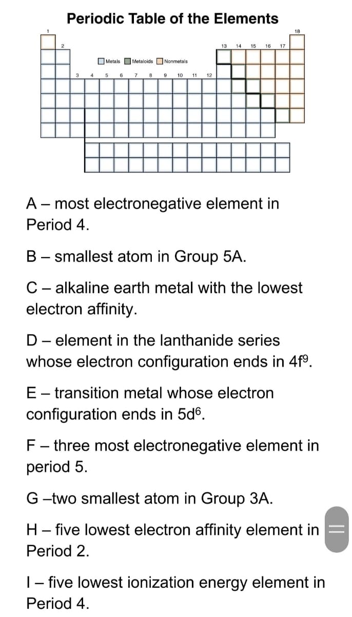 Periodic Table of the Elements
18
13
14
15
16
17
O Metals OMetaloids ONonmetals
4
6
7
8
9
10
11
12
A – most electronegative element in
Period 4.
B - smallest atom in Group 5A.
C- alkaline earth metal with the lowest
electron affinity.
D- element in the lanthanide series
whose electron configuration ends in 4f°.
E- transition metal whose electron
configuration ends in 5d6.
F- three most electronegative element in
period 5.
G -two smallest atom in Group 3A.
H- five lowest electron affinity element in
Period 2.
|- five lowest ionization energy element in
Period 4.
||
