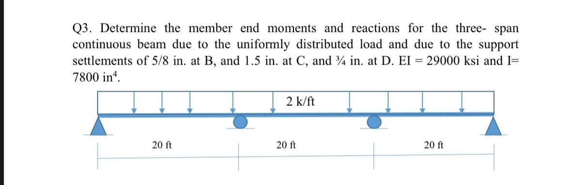Q3. Determine the member end moments and reactions for the three- span
continuous beam due to the uniformly distributed load and due to the support
settlements of 5/8 in. at B, and 1.5 in. at C, and ¾ in. at D. EI = 29000 ksi and I=
7800 in“.
2 k/ft
20 ft
20 ft
20 ft
