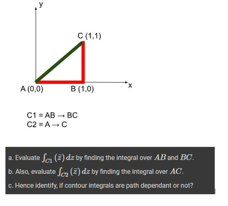 A (0,0)
C (1,1)
B (1,0)
C1 AB BC
= →
C2 = A C
a. Evaluate Sc₁ (2) dz by finding the integral over AB and BC.
b. Also, evaluate S₂ (2) dz by finding the integral over AC.
c. Hence identify, if contour integrals are path dependant or not?