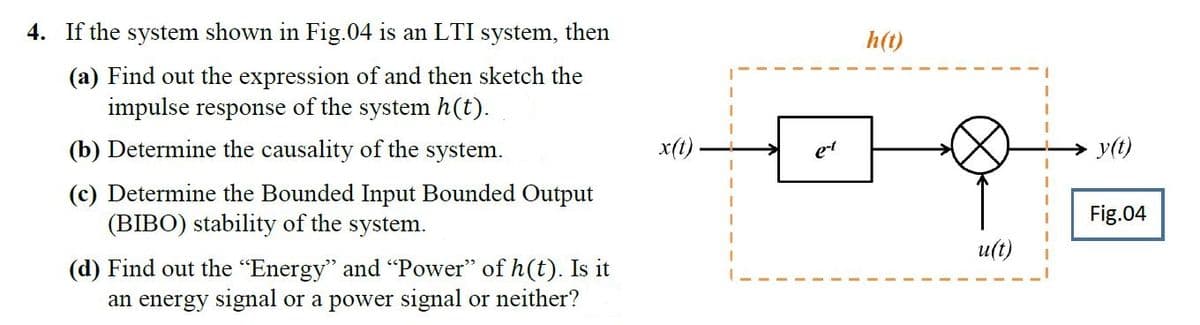 4. If the system shown in Fig.04 is an LTI system, then
(a) Find out the expression of and then sketch the
impulse response of the system h(t).
(b) Determine the causality of the system.
(c) Determine the Bounded Input Bounded Output
(BIBO) stability of the system.
(d) Find out the "Energy" and "Power" of h(t). Is it
an energy signal or a power signal or neither?
x(t)
et
h(t)
u(t)
y(t)
Fig.04