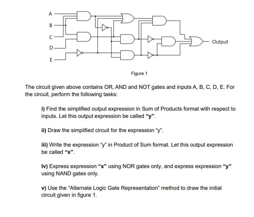 A
B
C
O
E
11
D- Output
Figure 1
The circuit given above contains OR, AND and NOT gates and inputs A, B, C, D, E. For
the circuit, perform the following tasks:
i) Find the simplified output expression in Sum of Products format with respect to
inputs. Let this output expression be called "y".
ii) Draw the simplified circuit for the expression "y".
iii) Write the expression "y" in Product of Sum format. Let this output expression
be called "x".
Iv) Express expression "x" using NOR gates only, and express expression "y"
using NAND gates only.
v) Use the "Alternate Logic Gate Representation" method to draw the initial
circuit given in figure 1.