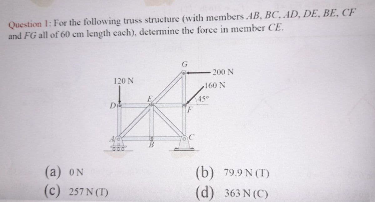 Question 1: For the following truss structure (with members AB, BC, AD, DE, BE, CF
and FG all of 60 cm length each), determine the force in member CE.
G.
200 N
120 N
160 N
450
0005
(а) оN
(b) 79.9 N (T)
(d) 363 N (C)
(c) 257 N (T)
