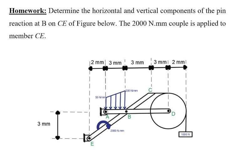 Homework: Determine the horizontal and vertical components of the pin
reaction at B on CE of Figure below. The 2000 N.mm couple is applied to
member CE.
2 mm 3 mm
3 mm
3 mml 2 mml
po0 Nimm
50 Nmm
B.
3 mm
2000 N mm
1000 N
