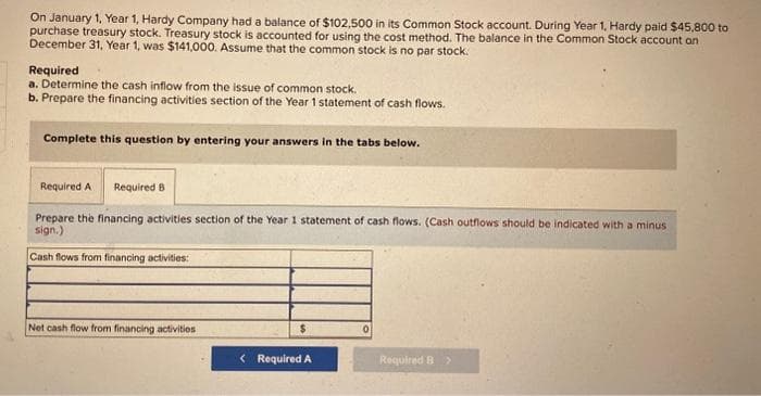 On January 1, Year 1, Hardy Company had a balance of $102,500 in its Common Stock account. During Year 1, Hardy paid $45,800 to
purchase treasury stock. Treasury stock is accounted for using the cost method. The balance in the Common Stock account on
December 31, Year 1, was $141,000. Assume that the common stock is no par stock.
Required
a. Determine the cash inflow from the issue of common stock.
b. Prepare the financing activities section of the Year 1 statement of cash flows.
Complete this question by entering your answers in the tabs below.
Required A Required B
Prepare the financing activities section of the Year 1 statement of cash flows. (Cash outflows should be indicated with a minus
sign.)
Cash flows from financing activities:
Net cash flow from financing activities
$
< Required A
0
Required B >