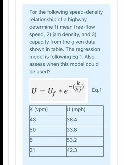 For the following speed-density
relationship of a highway,
determine 1) mean free-flow
speed, 2) jam density, and 3)
capacity from the given data
shown in table. The regression
model is following Eq.1. Also,
assess when this model could
be used?
U = U; * e
kj)
Eq.1
K (vpm)
U (mph)
43
38.4
50
33.8
8
53.2
31
42.3

