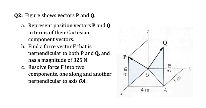 Q2: Figure shows vectors P and Q.
a. Represent position vectors P and Q
in terms of their Cartesian
component vectors.
b. Find a force vector F that is
perpendicular to both P and Q, and
has a magnitude of 325 N.
c. Resolve force F into two
components, one along and another
perpendicular to axis OA.
3 m
4 m
A
4 m
