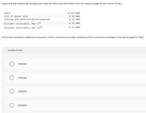 Assume a merchandising company provides the following information from its master budget for the month of May:
Sales
Cost of goods sold
Selling and administrative expenses
Accounts receivable, May 1st
Accounts receivable, May 31st
If all of the company's sales are on account, what is the amount of cash collections from customers included in the cash budget for May?
Multiple Choice
$109,000
$106,000
$129,000
$ 125,000
$ 90,000
$ 24,000
$ 16,000
$ 35,000
$125,000