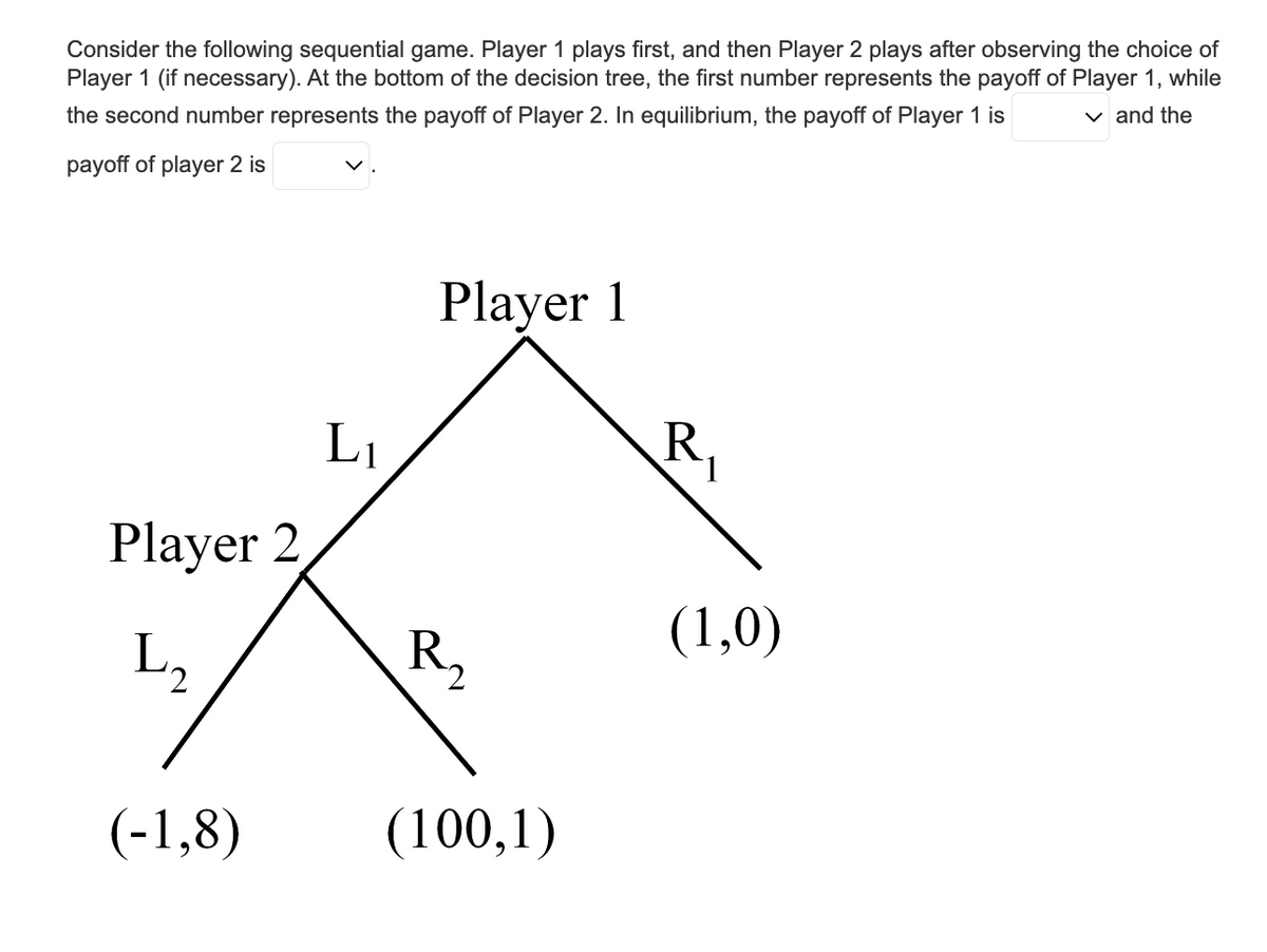 Consider the following sequential game. Player 1 plays first, and then Player 2 plays after observing the choice of
Player 1 (if necessary). At the bottom of the decision tree, the first number represents the payoff of Player 1, while
the second number represents the payoff of Player 2. In equilibrium, the payoff of Player 1 is
✓ and the
payoff of player 2 is
Player 2
L₂
(-1,8)
L₁
Player 1
R₂
(100,1)
R₁
(1,0)