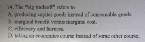 14. The "big tradeoff" refers to
A. producing capital goods instead of consumable goods.
B. marginal benefit versus marginal cost.
C. efficiency and fairness.
D. taking an economics course instead of some other course.

