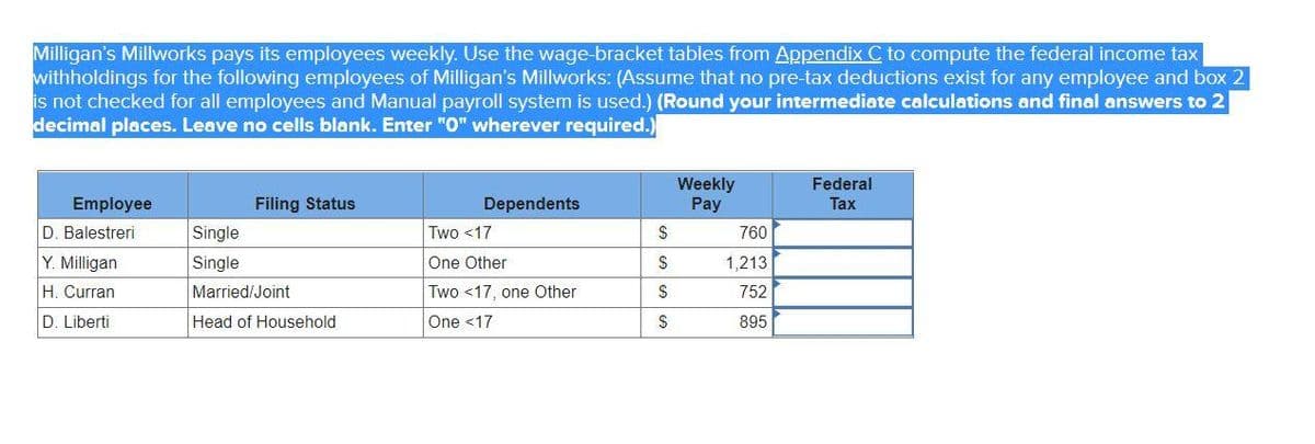 Milligan's Millworks pays its employees weekly. Use the wage-bracket tables from Appendix C to compute the federal income tax
withholdings for the following employees of Milligan's Millworks: (Assume that no pre-tax deductions exist for any employee and box 2
is not checked for all employees and Manual payroll system is used.) (Round your intermediate calculations and final answers to 2
decimal places. Leave no cells blank. Enter "0" wherever required.)
Employee
D. Balestreri
Y. Milligan
H. Curran
D. Liberti
Single
Single
Filing Status
Married/Joint
Head of Household
Dependents
Two <17
One Other
Two <17, one Other
One <17
S
$
S
$
Weekly
Pay
760
1,213
752
895
Federal
Tax