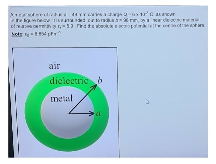 A metal sphere of radius a = 49 mm carries a charge Q = 6 x 10-8 C, as shown
in the figure below. It is surrounded, out to radius b = 98 mm, by a linear dielectric material
of relative permittivity &,= 5.9. Find the absolute electric potential at the centre of the sphere.
Note: &q=8.854 pFm-1.
air
dielectric b
metal
a
W