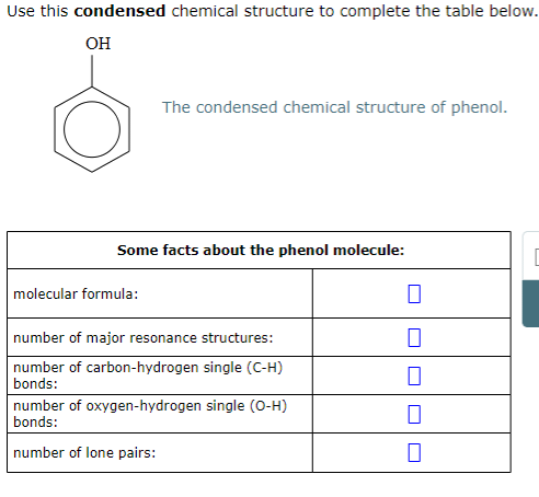 Use this condensed chemical structure to complete the table below.
OH
The condensed chemical structure of phenol.
Some facts about the phenol molecule:
molecular formula:
number of major resonance structures:
number of carbon-hydrogen single (C-H)
bonds:
number of oxygen-hydrogen single (O-H)
bonds:
number of lone pairs:
0
0
0
0
0