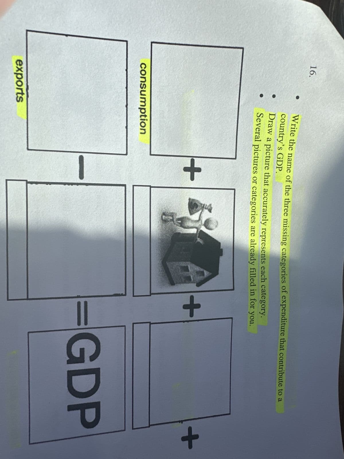 16.
Write the name of the three missing categories of expenditure that contribute to a
country's GDP.
exports
Draw a picture that accurately represents each category.
Several pictures or categories are already filled in for you.
consumption
+
1
+
=
+
GDP