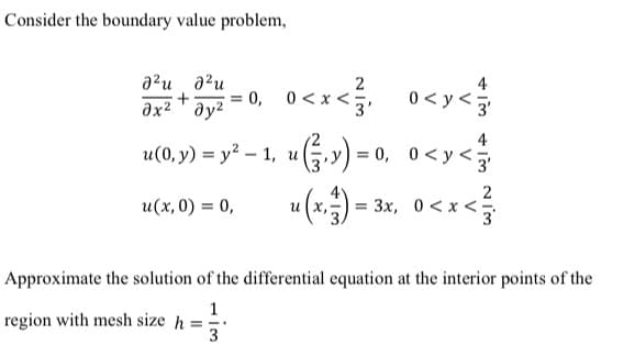 Consider the boundary value problem,
- 0, 0<x
0<x< 0<y<
u(0, ) = y* - 1, uG) - 0, o<y<
"(G») = 0. 0<
a?u a?u
+
2
əx² T ay2
0 < y <
3
u(x, 0) = 0,
) =
) = 3x, 0< x <
Approximate the solution of the differential equation at the interior points of the
1
region with mesh size h =
3
