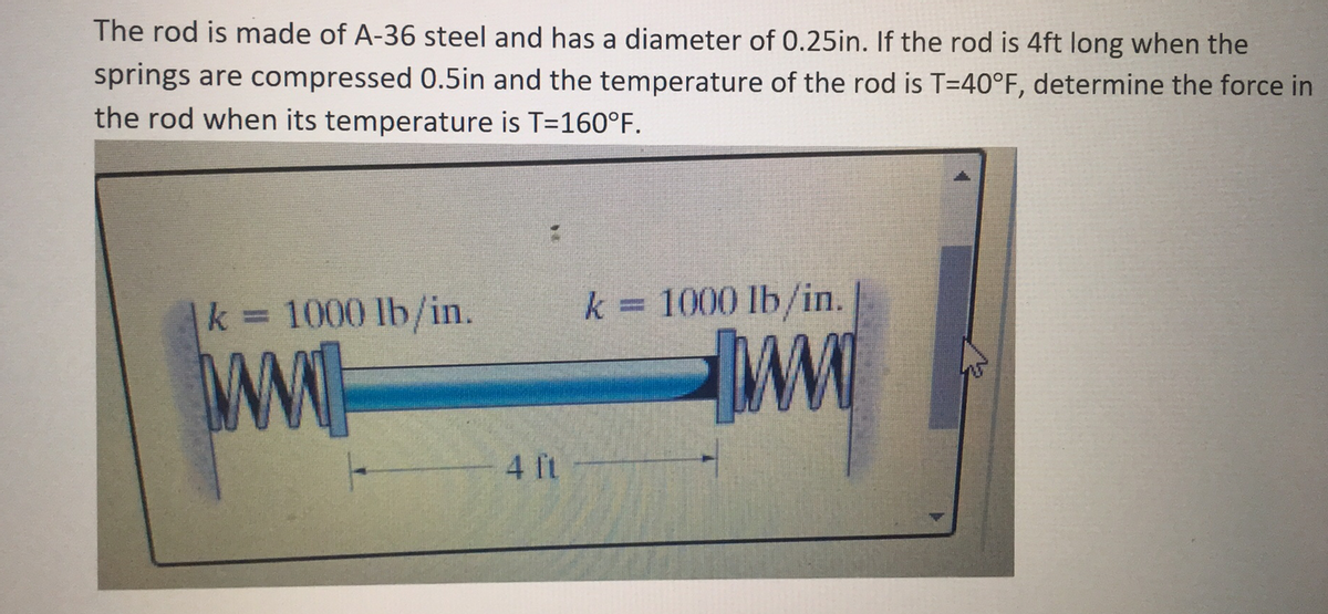 The rod is made of A-36 steel and has a diameter of 0.25in. If the rod is 4ft long when the
springs are compressed 0.5in and the temperature of the rod is T=40°F, determine the force in
the rod when its temperature is T=160°F.
k= 1000 lb/in.
ww
4 ft
k = 1000 lb/in.
WW