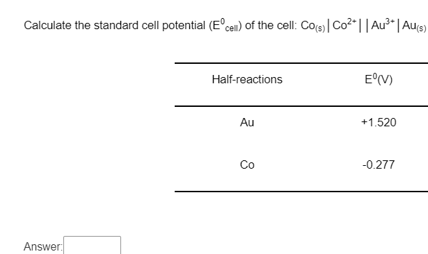 Calculate the standard cell potential (E'cell) of the cell: Co(s)| Co2*|| Au³*| Aus)
Half-reactions
E°(V)
Au
+1.520
Co
-0.277
Answer:
