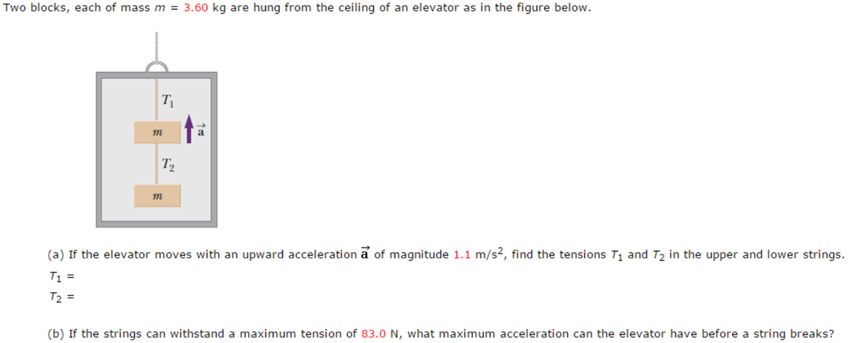Two blocks, each of mass m = 3.60 kg are hung from the ceiling of an elevator as in the figure below.
m
T2
m
(a) If the elevator moves with an upward acceleration a of magnitude 1.1 m/s2, fin
the tensions T1 and T2 in the upper and lower strings.
T1 =
T2 =
(b) If the strings can withstand a maximum tension of 83.0 N, what maximum acceleration can the elevator have before a string breaks?
