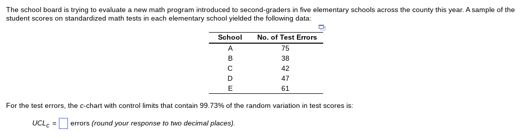 The school board is trying to evaluate a new math program introduced to second-graders in five elementary schools across the county this year. A sample of the
student scores on standardized math tests in each elementary school yielded the following data:
School No. of Test Errors
A
75
B
38
T
с
42
D
47
E
61
D
For the test errors, the c-chart with control limits that contain 99.73% of the random variation in test scores is:
UCLC = errors (round your response to two decimal places).
