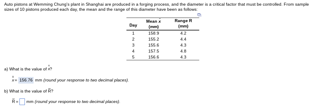 Auto pistons at Wemming Chung's plant in Shanghai are produced in a forging process, and the diameter is a critical factor that must be controlled. From sample
sizes of 10 pistons produced each day, the mean and the range of this diameter have been as follows:
a) What is the value of x?
=
x= 156.76 mm (round your response to two decimal places).
b) What is the value of R?
R= mm (round your response to two decimal places).
Day
1
2
3
4
5
Mean x
(mm)
158.9
155.2
155.6
157.5
156.6
Range R
(mm)
4.2
4.4
4.3
4.8
4.3