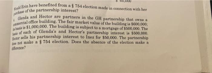purchase of the partnership interest?
Would Erin have benefited from a § 754 election made in connection with her
mmercial office building. The fair market value of the building is $600,000;
L Glenda and Hector are partners in the GH partnership that owns a
D0,U00
cie is $1,000,000. The building is subject to a mortgage of $500,000. The
A Da each of Glenda's and Hector's partnership interest is $500,000.
Hetor sells his partnership interest to Inez for $50,000. The partnership
bes not make a § 754 election. Does the absence of the election make a
difference?
