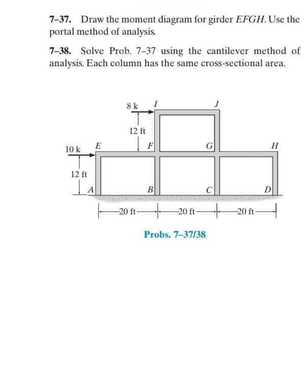 7-37. Draw the moment diagram for girder EFGH. Use the
portal method of analysis.
7-38. Solve Prob. 7-37 using the cantilever method of
analysis. Each column has the same cross-sectional area.
8k I
12 ft
E
F
G
H
10 k
12 ft
B
C
D
20 ft
20 ft-
20 ft
Probs. 7-37/38
